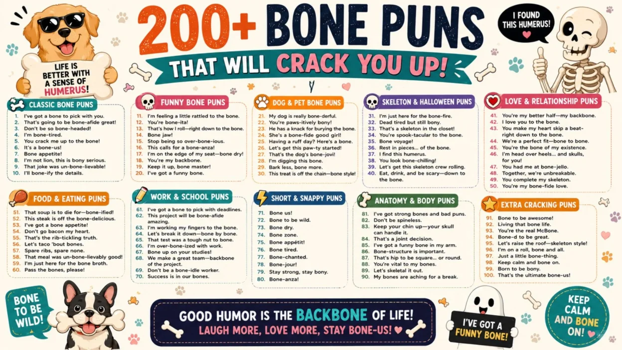 Colorful bone puns infographic featuring 200+ funny bone jokes, skeleton humor, dog bone puns, and playful cartoon illustrations.