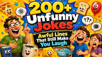 Colourful unfunny jokes poster with laughing people, cartoon food, bold text, and awkward comedy for big laughs.
