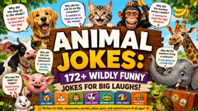 Animal jokes poster with dogs, cats, monkeys, giraffes, elephants, farm animals, and 172+ funny jokes for kids.