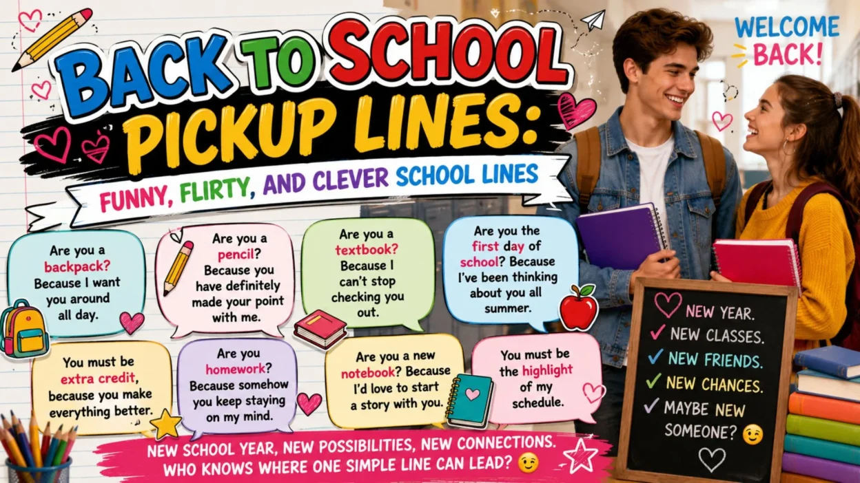 Back to school pickup lines image with smiling students, books, backpacks, hearts, and funny flirty school-themed lines.
