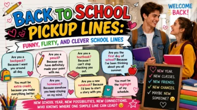 Back to school pickup lines image with smiling students, books, backpacks, hearts, and funny flirty school-themed lines.