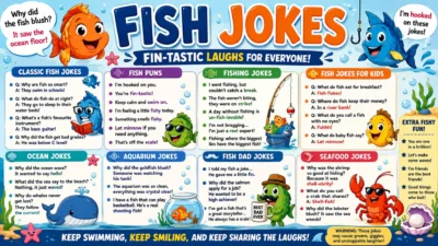 Colourful fish jokes poster with smiling sea creatures, fishing puns, ocean humour, and a bold fin-tastic headline.