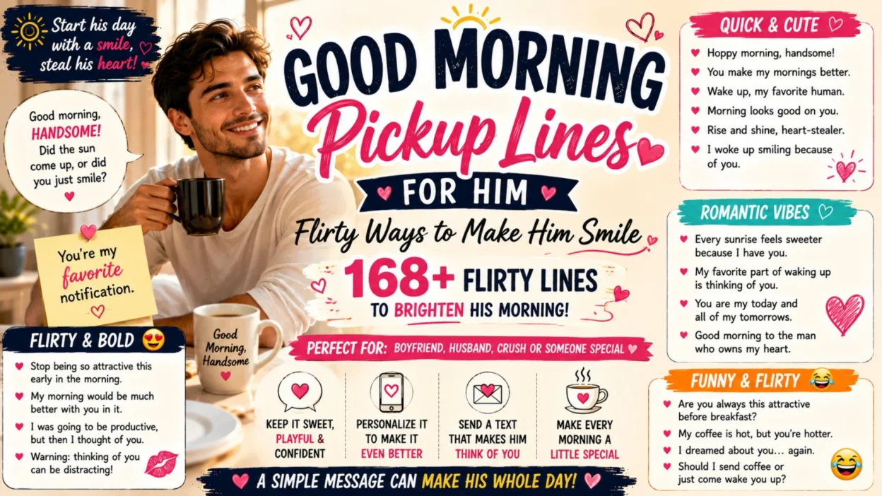 Good morning pickup lines for him poster with a smiling man, coffee, hearts, and flirty romantic message ideas.