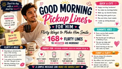 Good morning pickup lines for him poster with a smiling man, coffee, hearts, and flirty romantic message ideas.