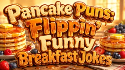 Pancake puns title image with syrup-drizzled pancakes, berries, and a warm breakfast table scene