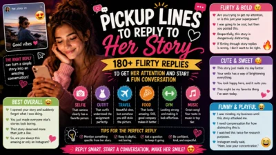 Pickup lines to reply to her story poster with a smiling woman, phone, hearts, and 180+ flirty Instagram replies.