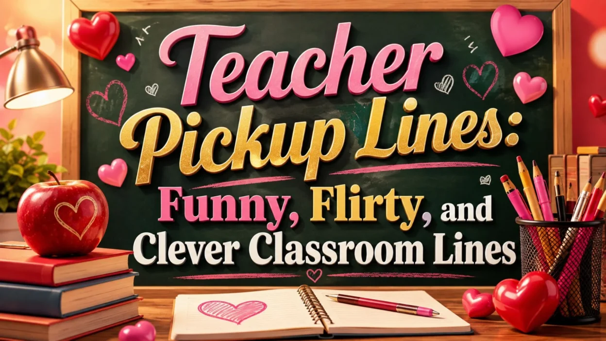 Teacher pickup lines image with chalkboard, hearts, books, apple, pencils, and funny flirty classroom lines.