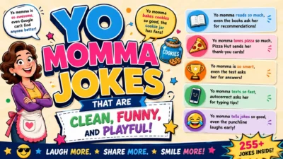 Colourful Yo Momma jokes poster with a cheerful mother, bold lettering, cookies, pizza, and playful family-friendly humour.