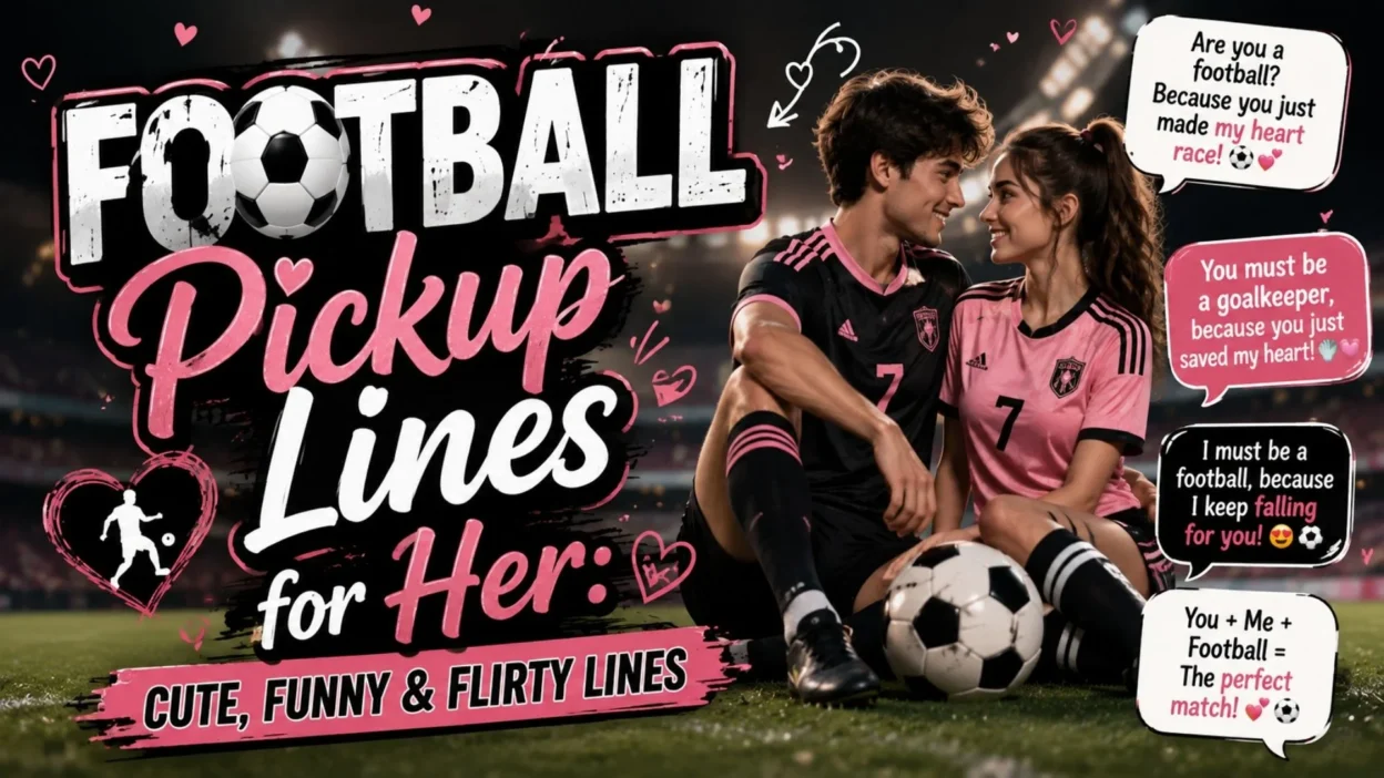 Football pickup lines for her graphic featuring cute, funny, and flirty soccer-themed romantic phrases.