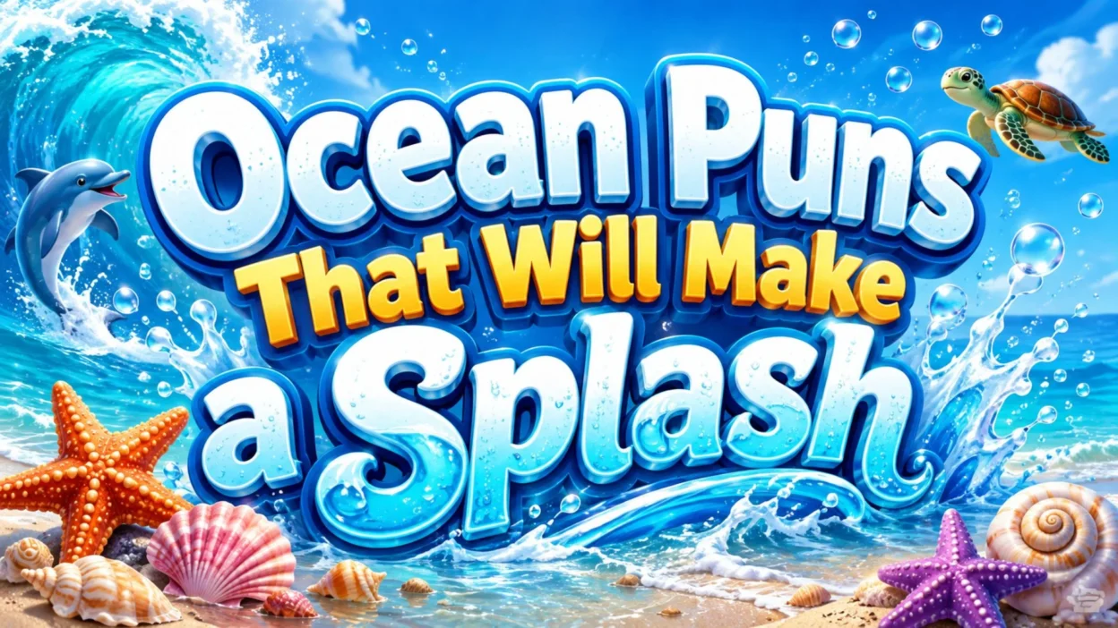 Ocean puns title image with waves, seashells, dolphin, turtle, and a bright beach splash scene