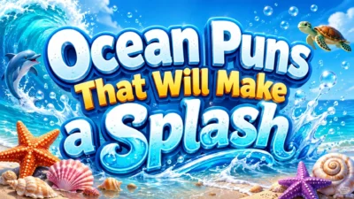 Ocean puns title image with waves, seashells, dolphin, turtle, and a bright beach splash scene