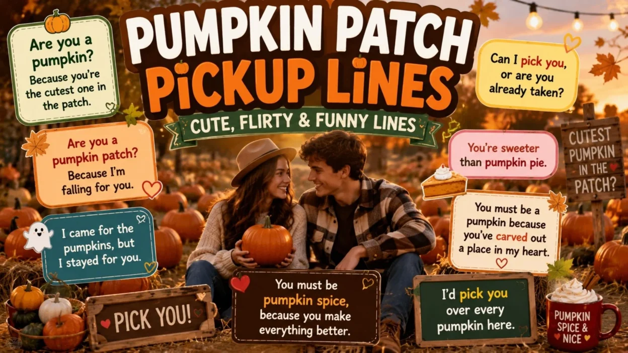 Pumpkin patch pickup lines with cute, flirty, and funny fall-themed messages for autumn romance