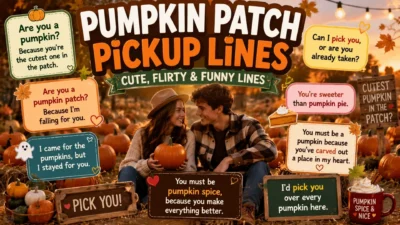 Pumpkin patch pickup lines with cute, flirty, and funny fall-themed messages for autumn romance