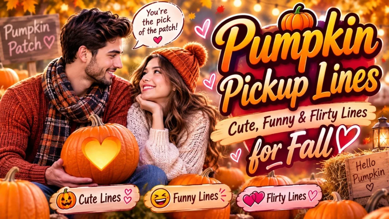 Pumpkin pickup lines graphic featuring cute, funny, and flirty fall-themed phrases with pumpkins and autumn decor