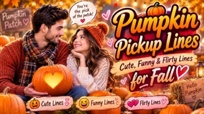 Pumpkin pickup lines graphic featuring cute, funny, and flirty fall-themed phrases with pumpkins and autumn decor