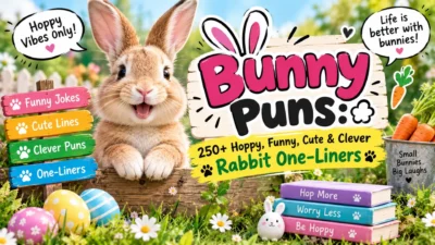 Bunny puns banner with a cute rabbit, carrots, Easter eggs, and 250+ funny and clever rabbit one-liners.