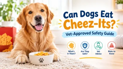 Golden retriever with Cheez-Its and a safety guide explaining whether dogs can eat the popular cheese crackers.