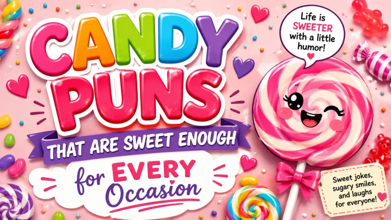Colorful candy puns graphic featuring sweet jokes, lollipops, gummy candies, and playful typography.