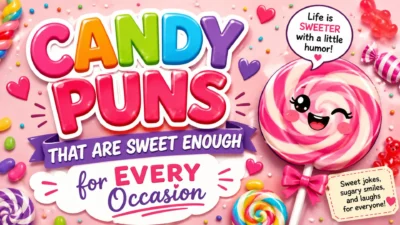 Colorful candy puns graphic featuring sweet jokes, lollipops, gummy candies, and playful typography.