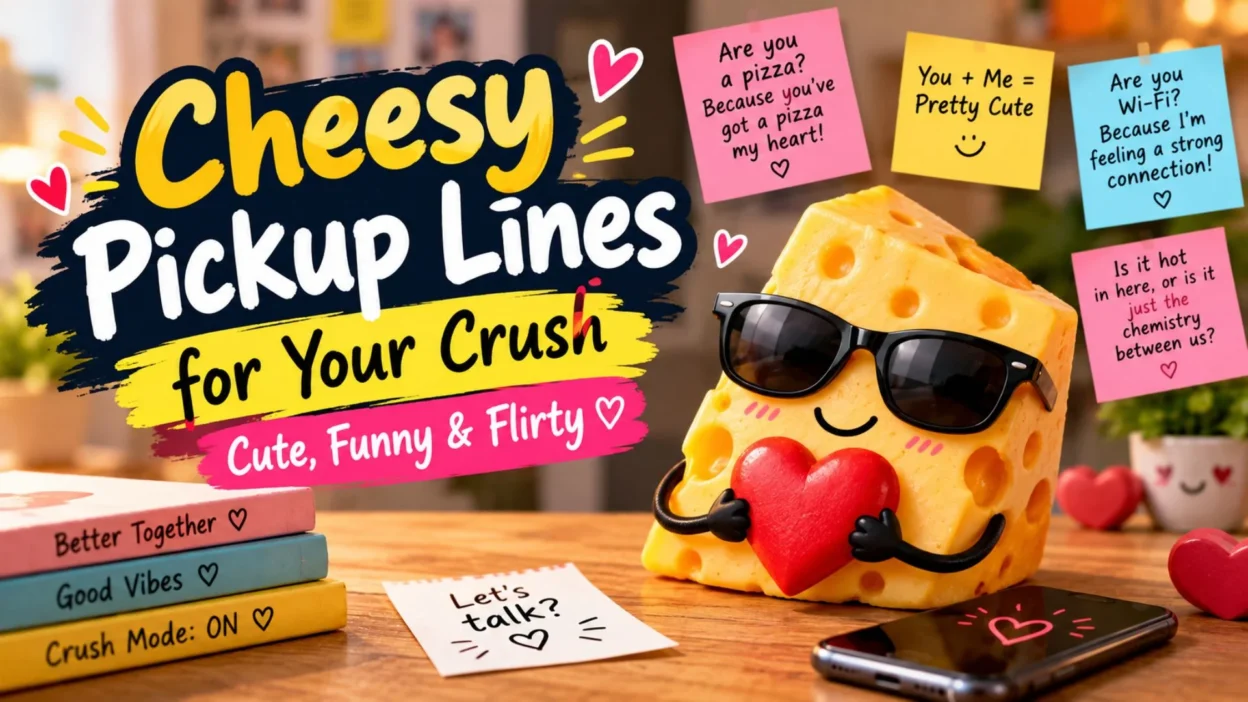 Cheesy pickup lines for your crush featuring a cute heart-holding cheese character and romantic, funny flirting ideas.
