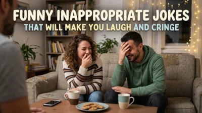 Funny inappropriate jokes graphic with playful typography and humorous cartoon elements