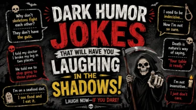 Dark humor jokes graphic featuring a grim reaper, skulls, tombstones, and twisted one-liners for edgy laughs.