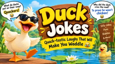 Funny duck jokes cartoon with a laughing duck, colorful pond, and quack-tastic joke theme