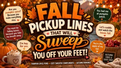 Fall pickup lines graphic with pumpkins, autumn leaves, cozy coffee, apples, and romantic seasonal phrases.