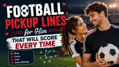 Football pickup lines for him with romantic soccer couple and stadium background