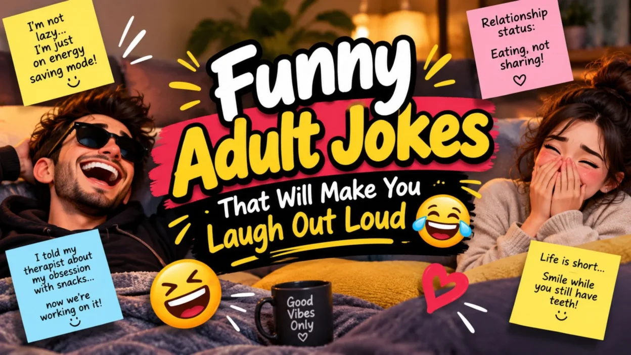 Funny adult jokes graphic with laughing friends, playful typography, emojis, and lighthearted humor