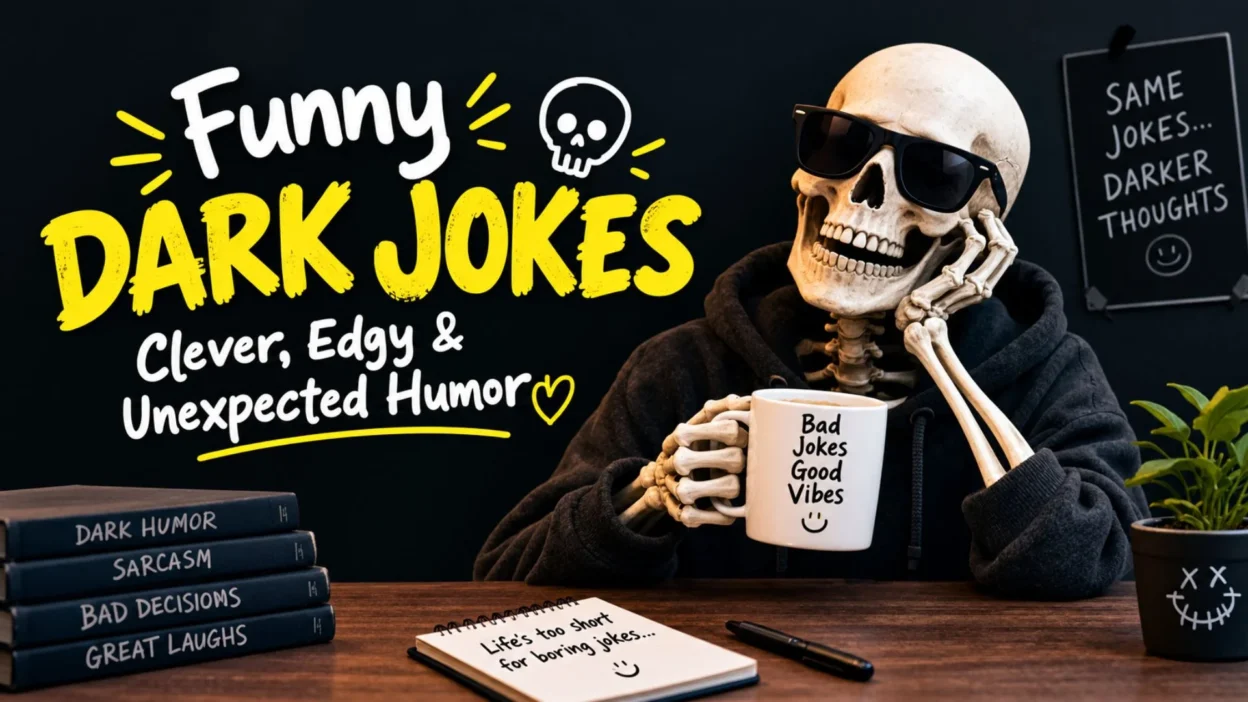 Funny dark jokes with clever, edgy humor and a relaxed skeleton character