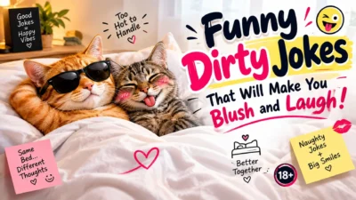 Funny jokes graphic with playful cats, colorful typography, and a lighthearted humor theme