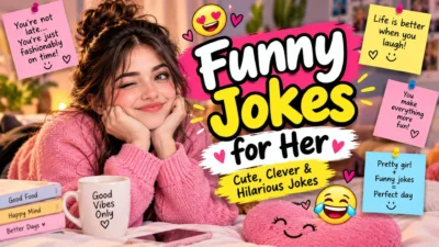 Funny jokes for her graphic featuring a smiling woman, colorful typography, hearts, emojis, and playful humor