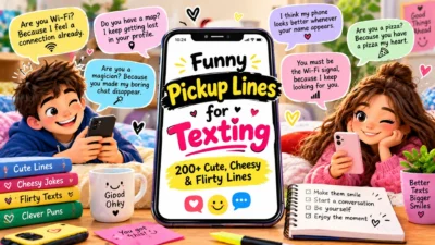 Funny pickup lines for texting banner with smartphones, cute couples, hearts, and 200+ flirty lines.