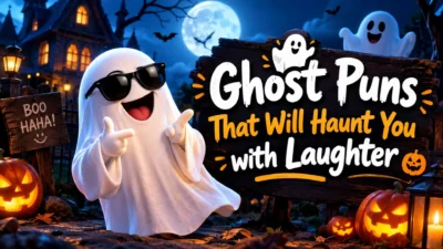 Ghost puns Halloween poster with a funny ghost, pumpkins, moon, and spooky haunted house scene.