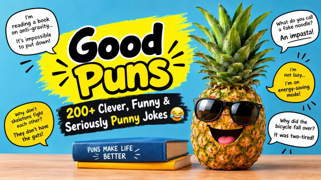 Good puns featuring clever, funny, and seriously punny jokes with a playful pineapple
