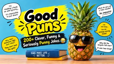 Good puns featuring clever, funny, and seriously punny jokes with a playful pineapple