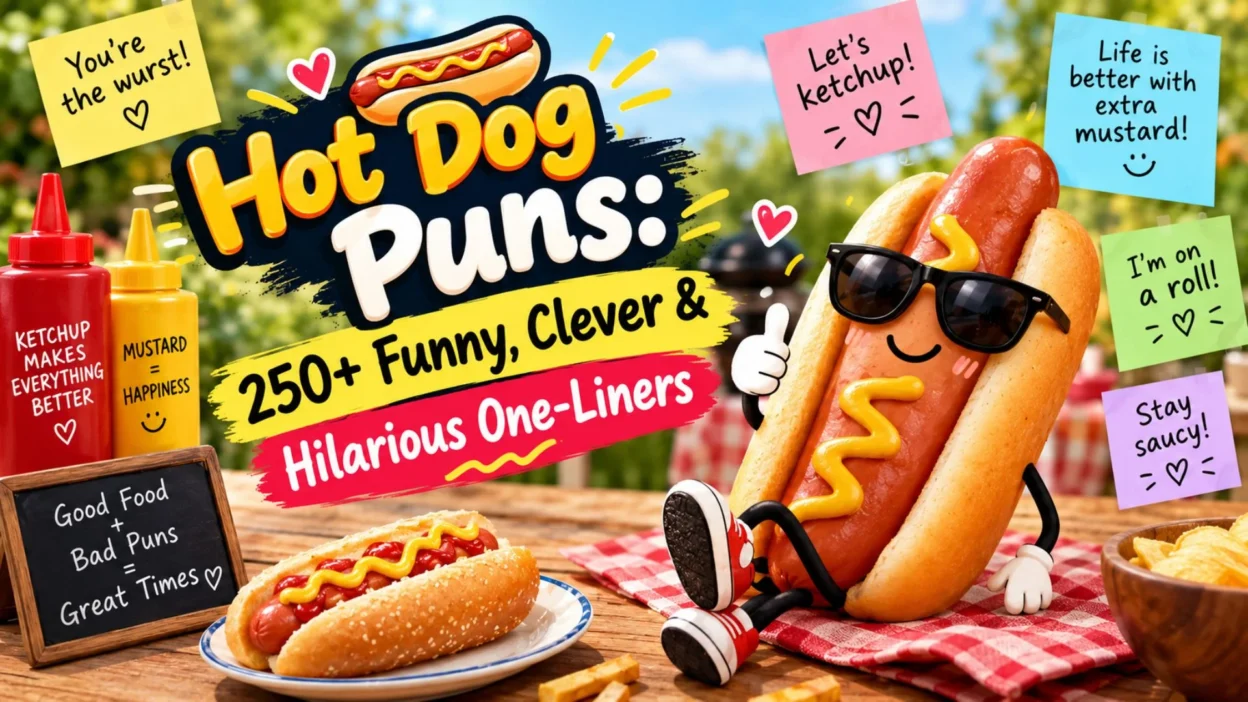 Funny hot dog puns featuring a smiling hot dog mascot, colorful toppings, and hilarious food jokes.