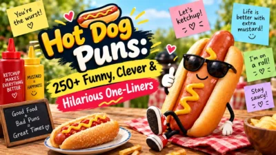 Funny hot dog puns featuring a smiling hot dog mascot, colorful toppings, and hilarious food jokes.