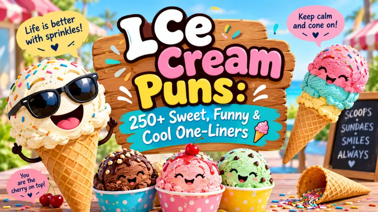 Ice cream puns with colorful scoops, cones, sprinkles, and sweet summer dessert humor
