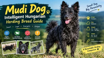 Mudi dog standing in a Hungarian countryside, showcasing its intelligence, curly coat, and herding traits.