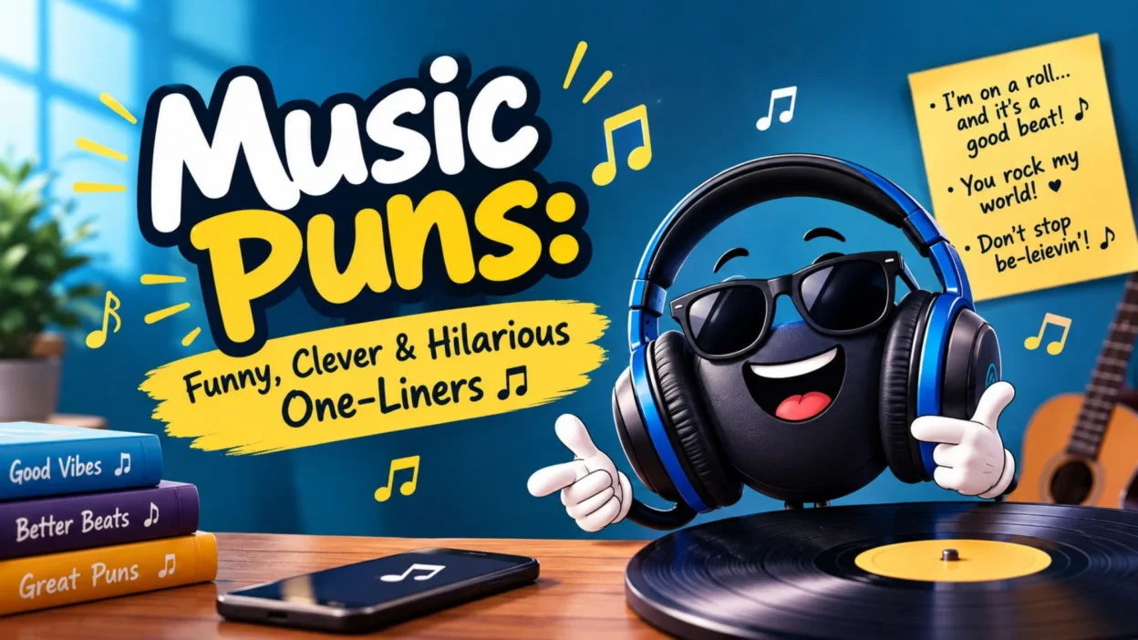 Music puns featuring funny, clever, and hilarious one-liners with headphones, guitar, and musical notes.