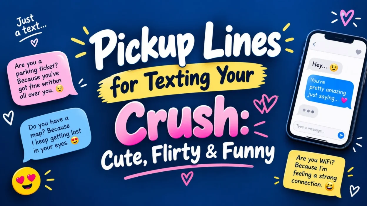 Pickup lines for texting your crush featuring cute, flirty, and funny messages with hearts and a smartphone.