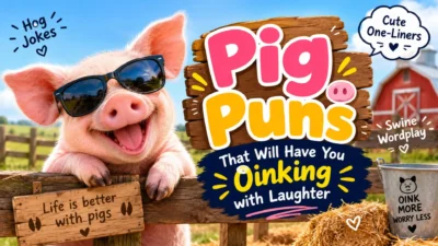 Funny pig puns with a cute pig, hog jokes, and playful swine wordplay on a farm background