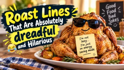 Funny roast lines that are dreadful and hilarious with a playful roast chicken image