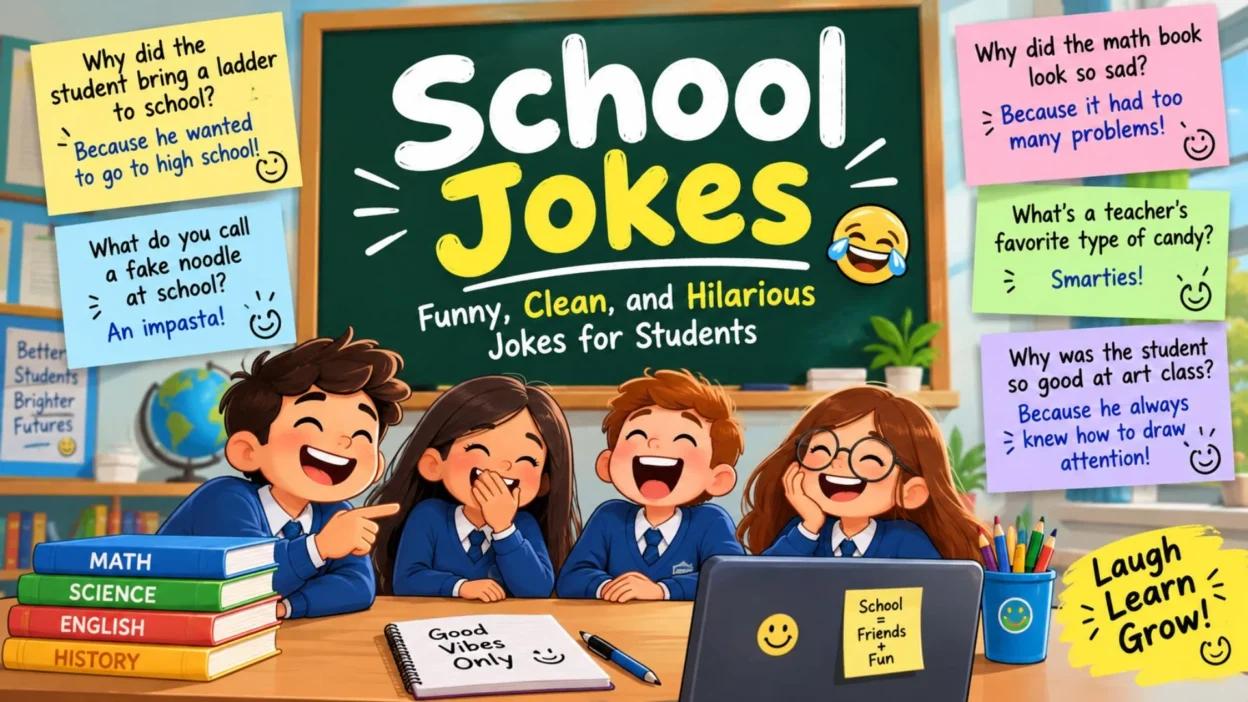 Funny school jokes poster with laughing students, colorful classroom, and clean jokes for kids.