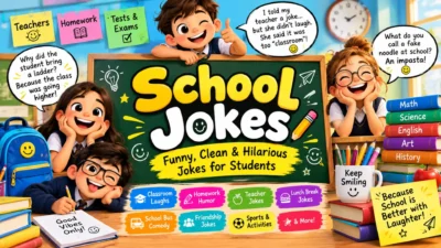 School jokes banner with cheerful students, classroom supplies, homework, teachers, and funny jokes for kids.