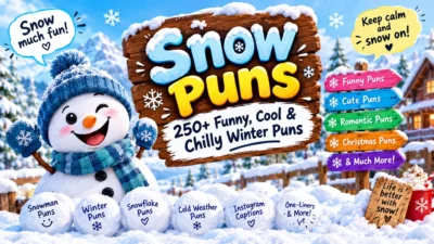 Snow puns banner with a cheerful snowman, snowy village, snowflakes, and 250+ funny winter puns.