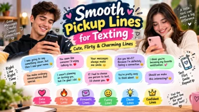 Smooth pickup lines for texting with cute, flirty, romantic messages and playful chat bubbles.