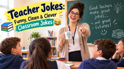 Teacher jokes in a fun classroom with laughing students, books, and a cheerful teacher